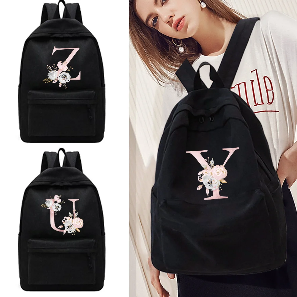 

School Bag Fashion College Student Vintage Women Backpack Canvas Female Laptop Bag Outdoor Travel Pink Flower Letter Backpack