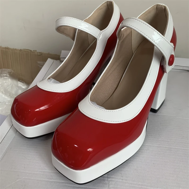 Fashion Punk High Heels Mary Janes Shoes Woman Platform Yellow Red Pink Women's Heeled Wedding Party Office Shoes Large Size 46 view 3