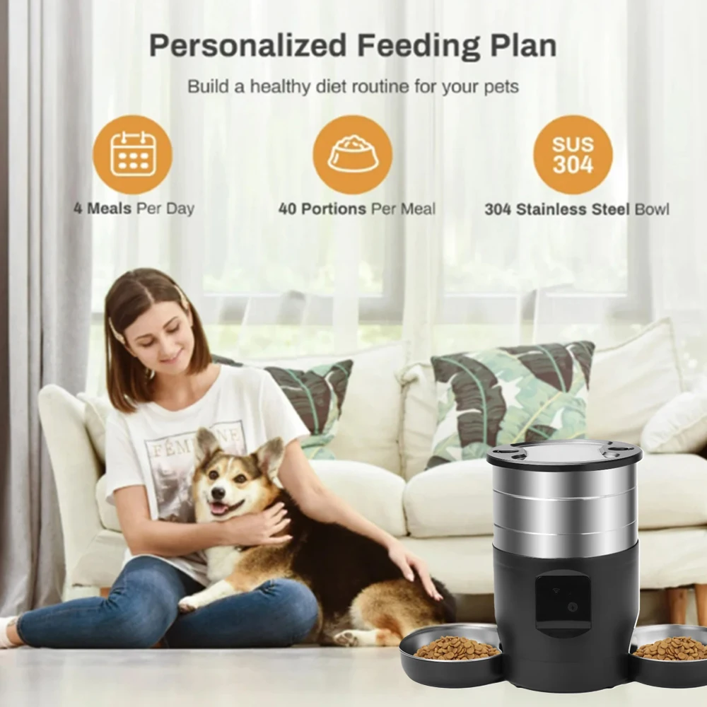 4,5L WiFi-/Tasten-Version Haustier-Futterautomat Intelligenter Futterspender mit Doppelschüsseln, Geeignet für Trockenfutter von Katzen und Hunden – Detail 4