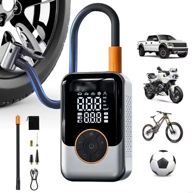 Bomba de Ar Portátil Sem Fio, Inflador de Pneus de Carro, Compressor de Ar Elétrico com Display LCD, Injetor de Ar para Pneus de Bicicleta, Carro, Moto e Bola