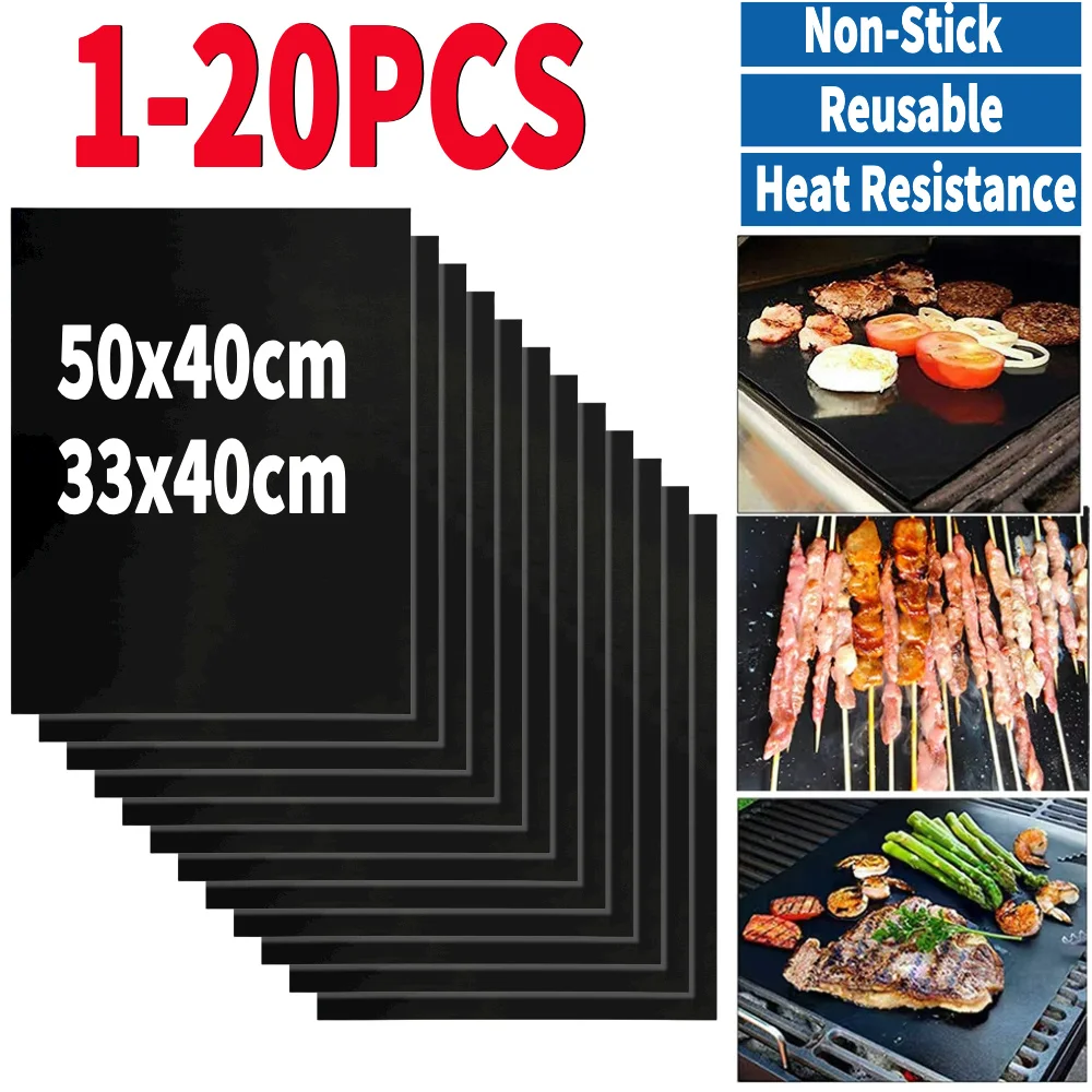 1-20PCS BBQ Grill Mat Non-stick Mat Heat Resistant Grill Mat Outdoor Baking Reusable Barbecue Mat 50x40cm 33x40cm BBQ Sheet Pad