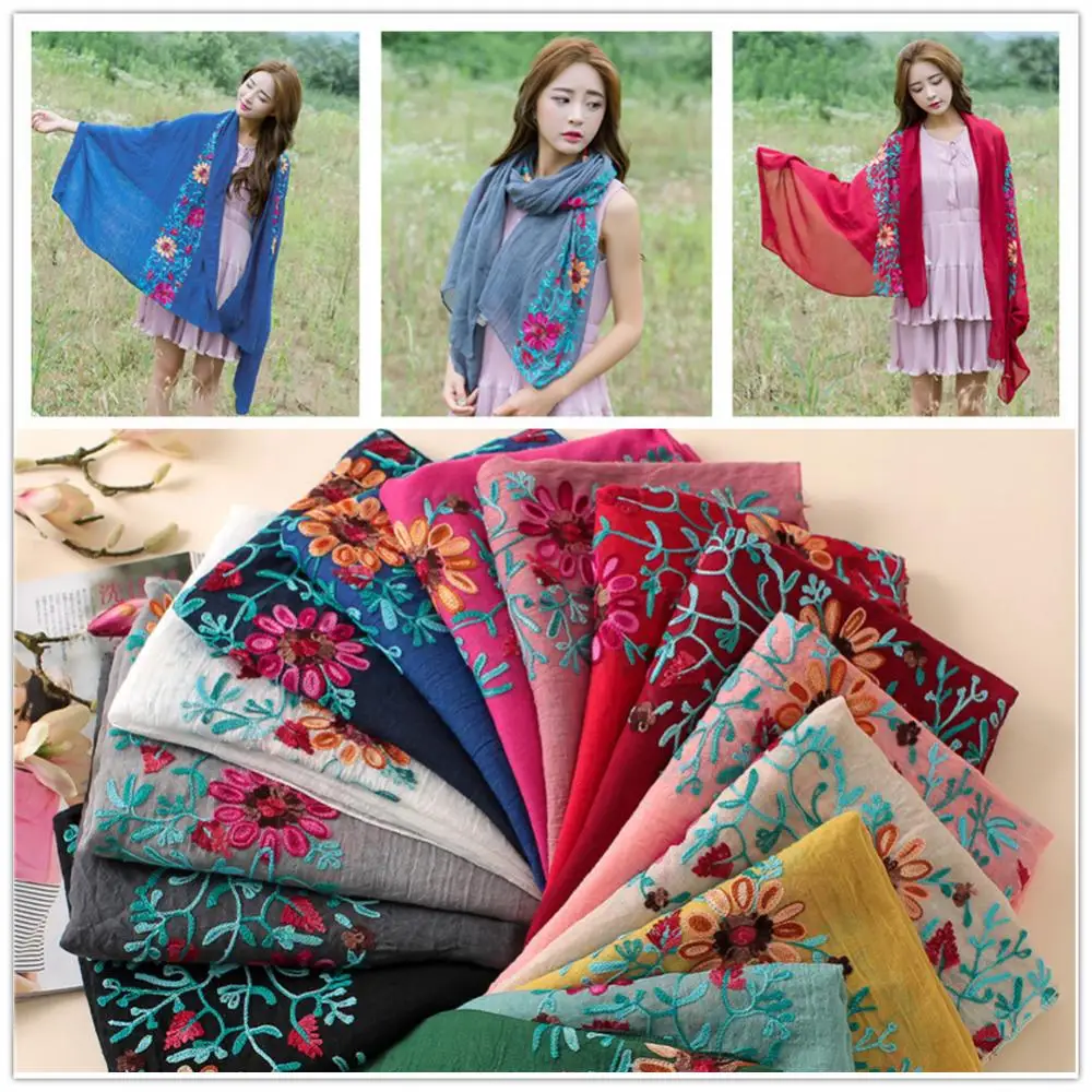 2022 Plain Embroider Floral Viscose Shawl Scarf From Indian Bandana Print Cotton Scarves and Wraps Soft Foulard Muslim Hijab Cap