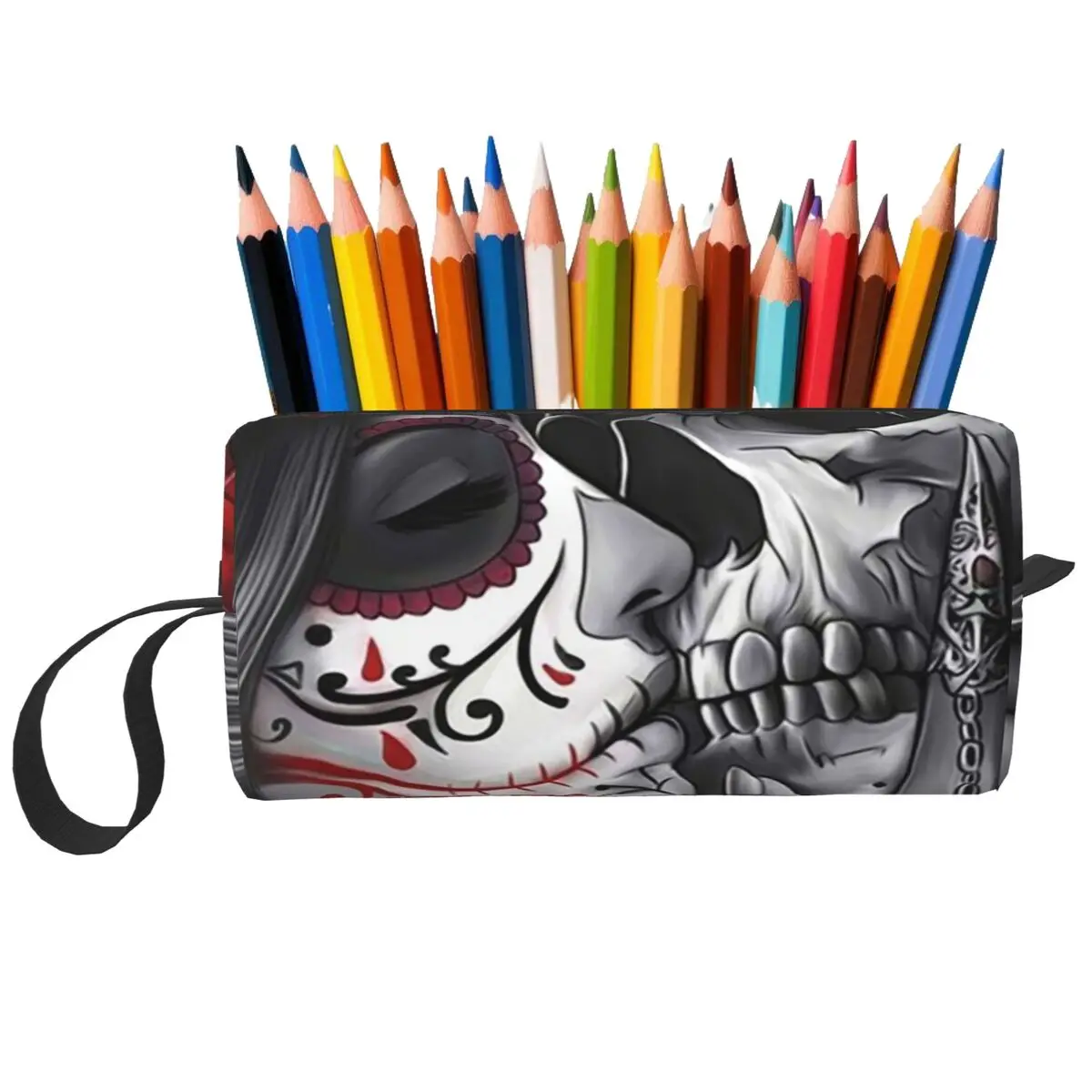 Estuche para lápices con diseño de calavera de azúcar del Día de Muertos, estilo Catrina mexicana, para niños y niñas, caja para bolígrafos, bolsa para lápices, organizador de viaje para mujeres