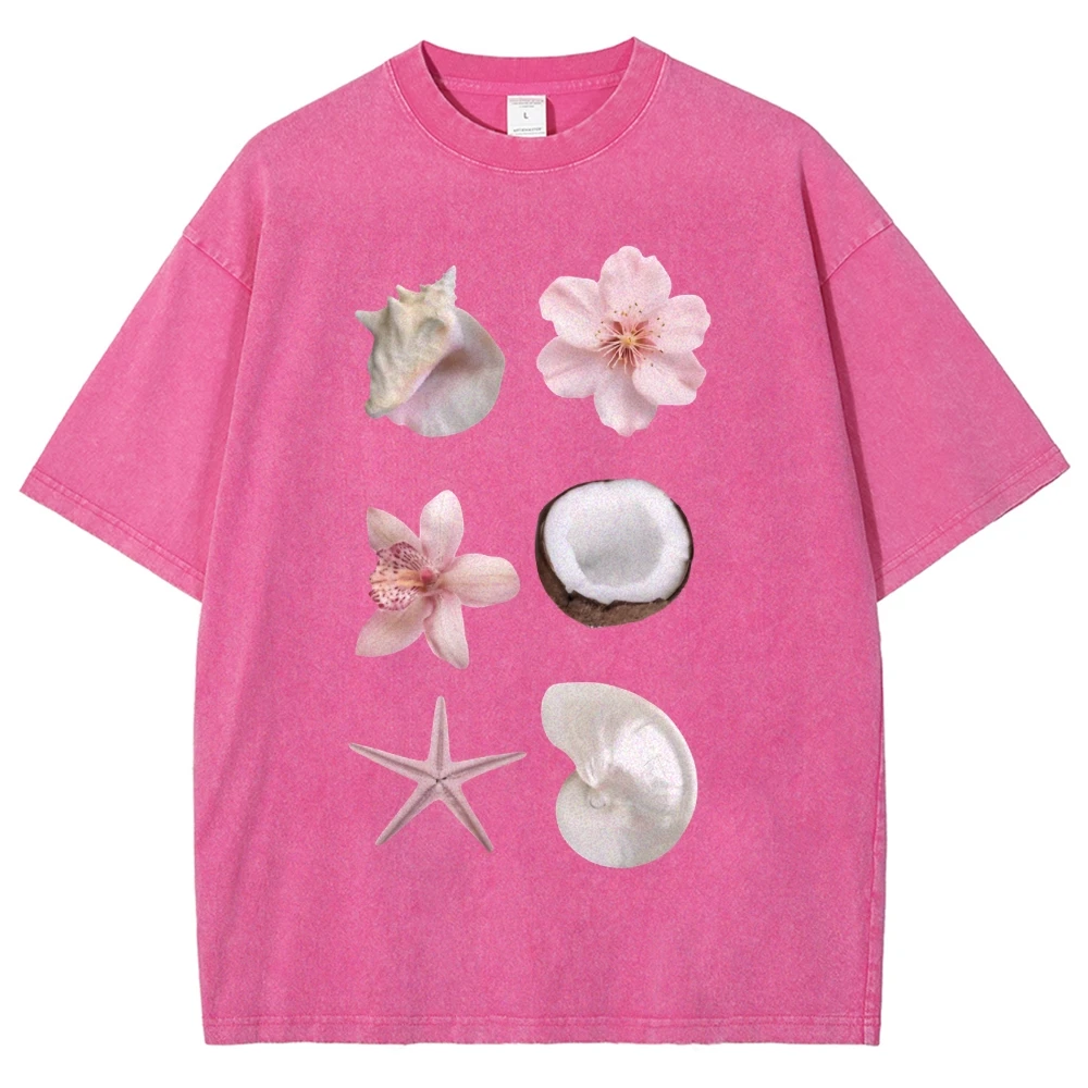Koszulka graficzna Y2k z nadrukiem muszelek i kwiatów, w stylu morskim, tropikalnym i naturalnym, z miękkiej tkaniny, idealna na plażę i na co dzień.