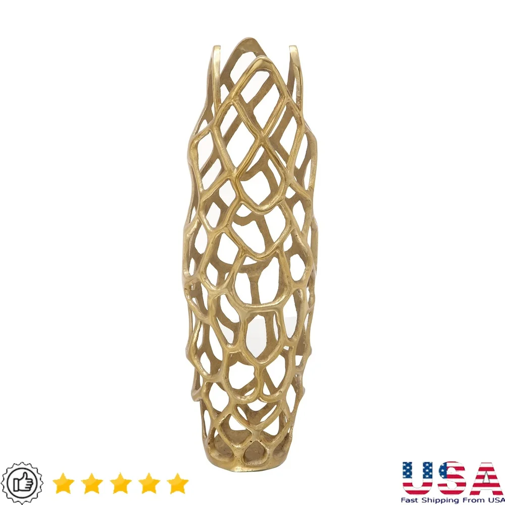 

Contemporary Aluminum Decorative Vase Abstract Cut-Out Design 27 Inch Tall Gold Centerpiece Home Accent Indoor Use