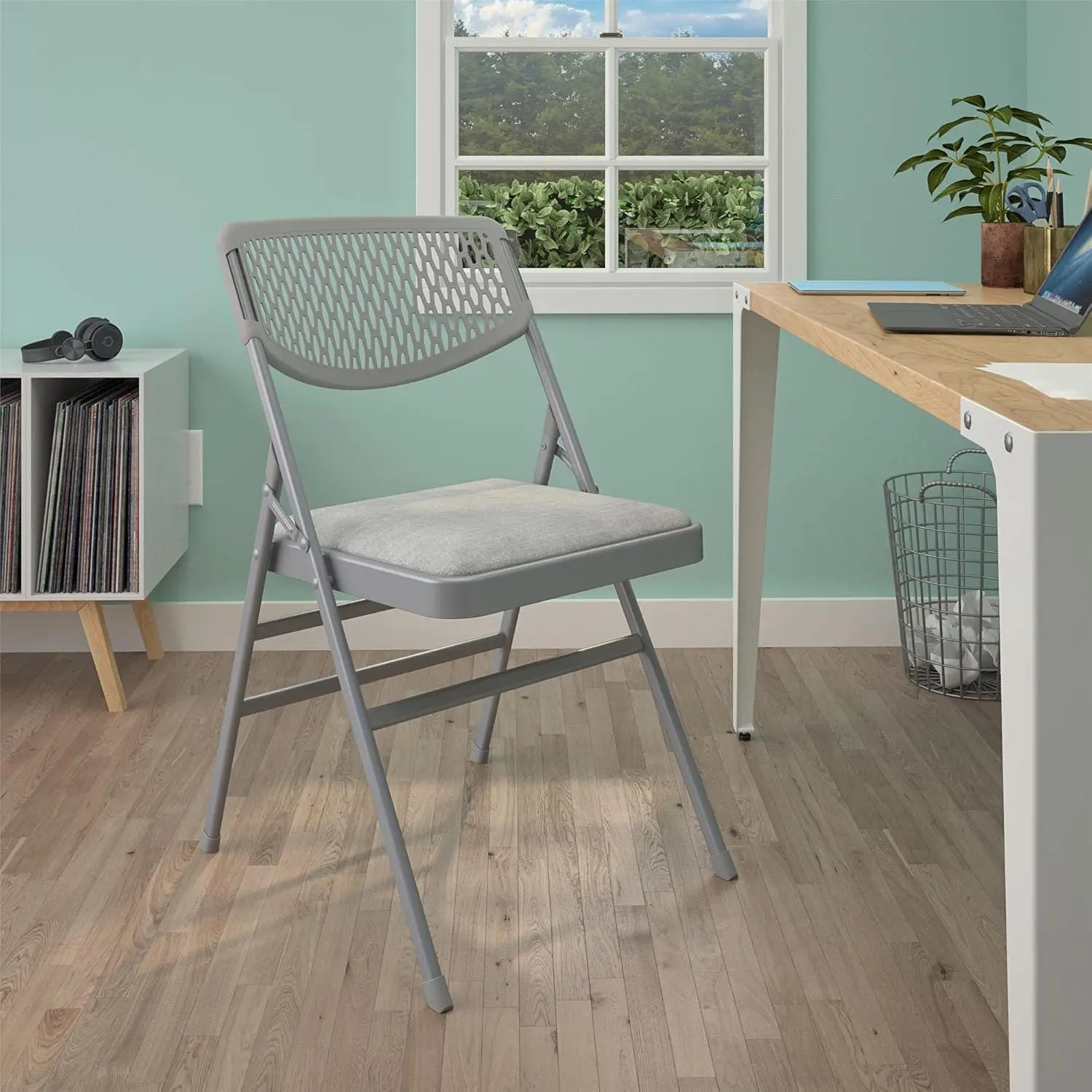 Silla plegable de tela comercial Ultra cómoda y malla de resina, color gris, paquete de 4