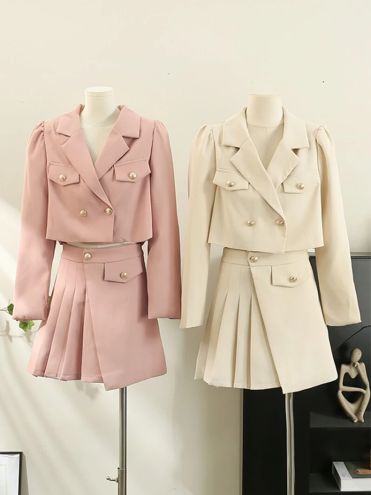 

Summer new high-end fashion commuting two-piece set women's short style solid color suit shirt+pleated skirt temperament set