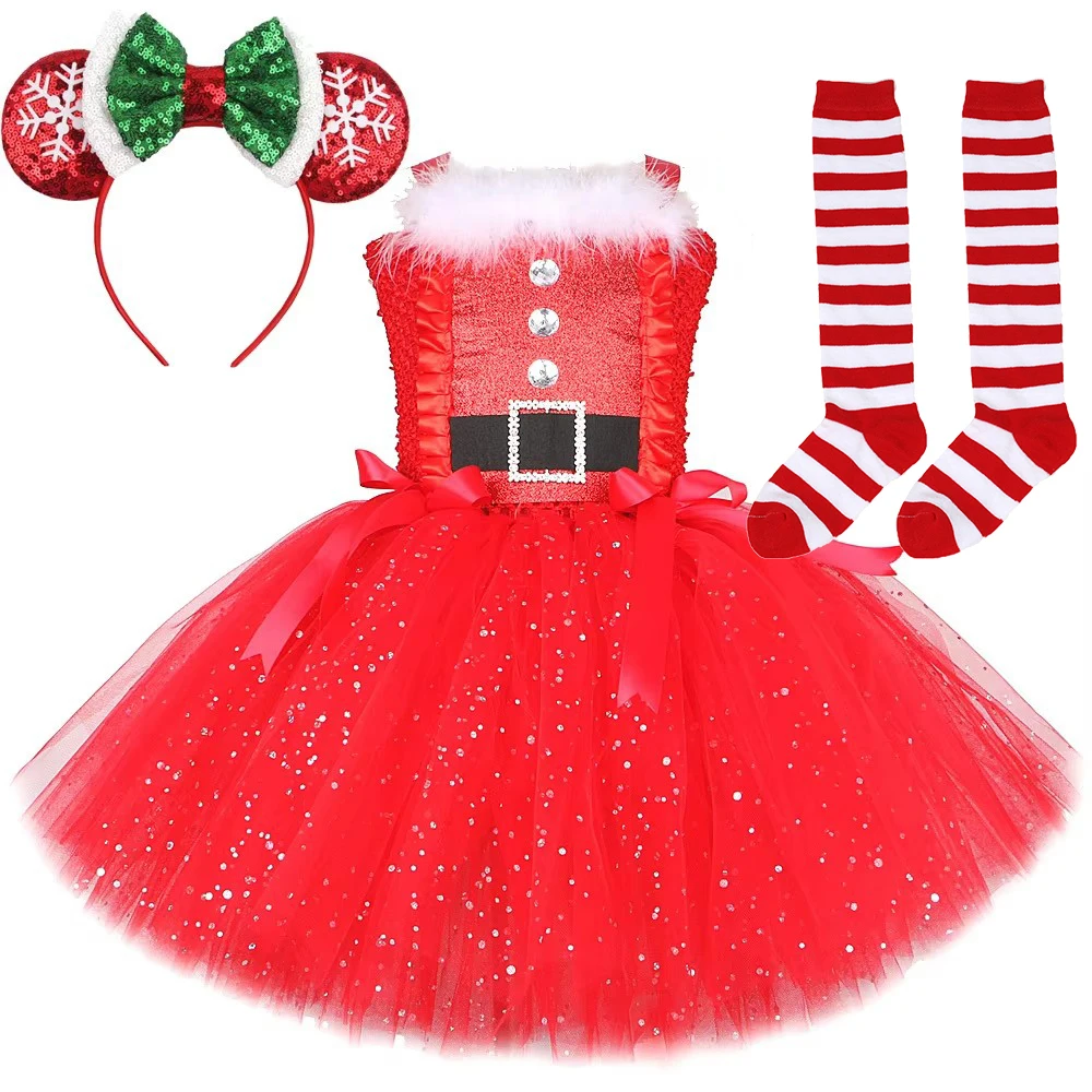 

Sparkly Christmas Santa Claus Costumes for Girls New Years Holiday Princess Dresses for Kids Xmas Party Disguise Tutus Outfit