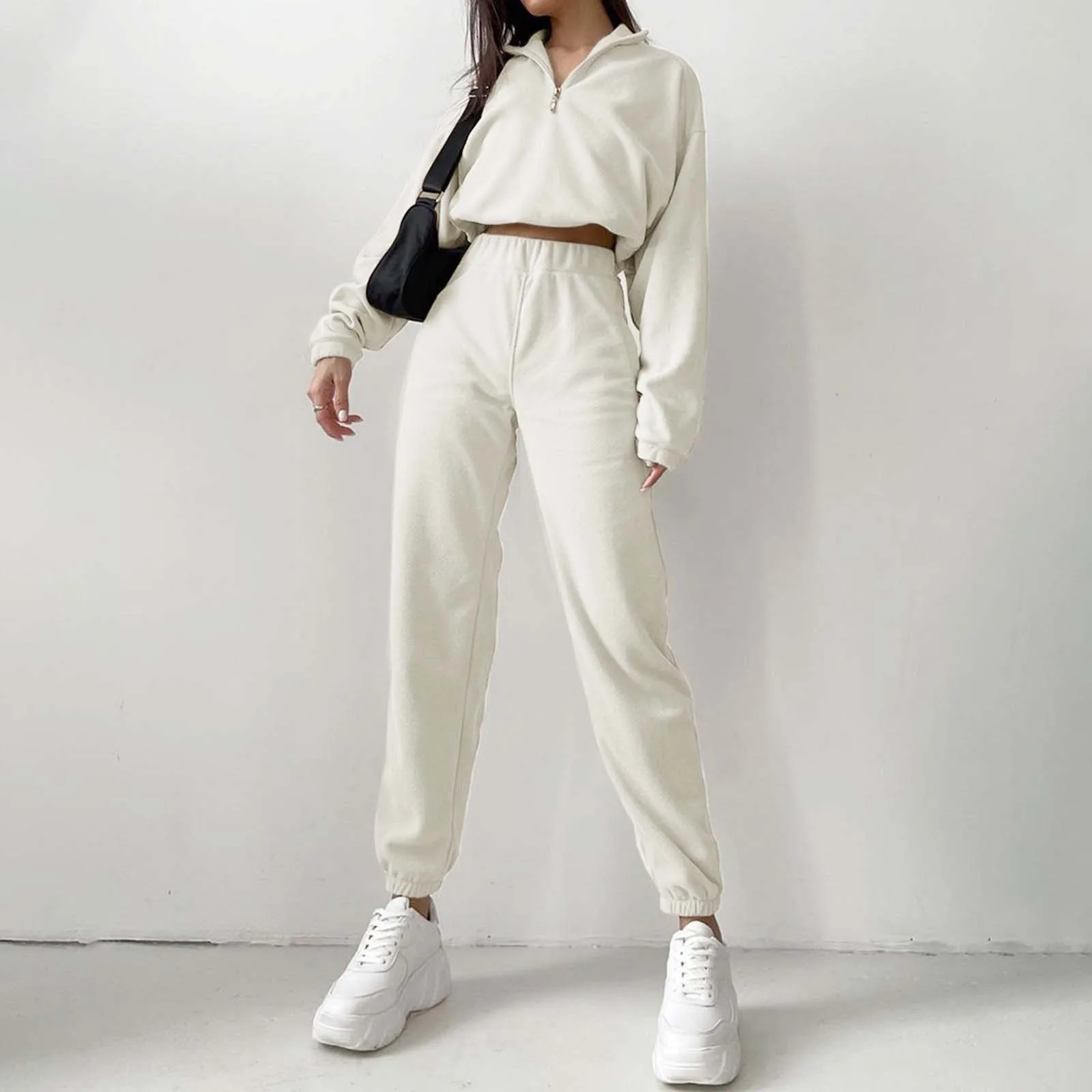 Casual Solid Women Two Piece Sets Lapel Long Sleeve Half Zip Top Loose Wide Leg Pants Suit 2024 Fashion Ladies Clothes