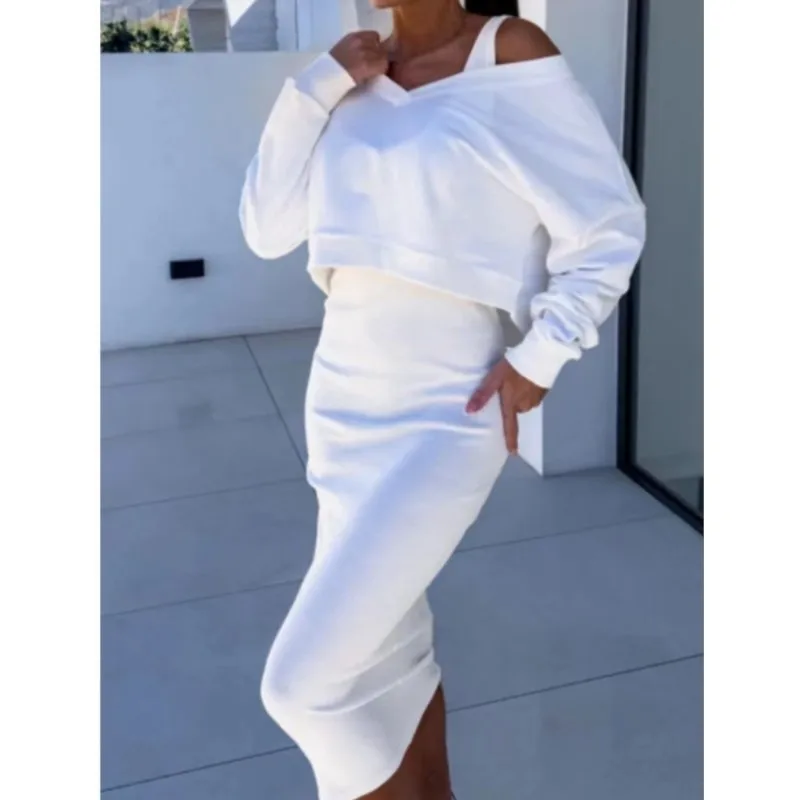 Women's Fashion Two Pieces Skirts Sets Spring Sexy V Neck Long Sleeve Pullover Top And Long Skirts Two Piece Set Female Clothing