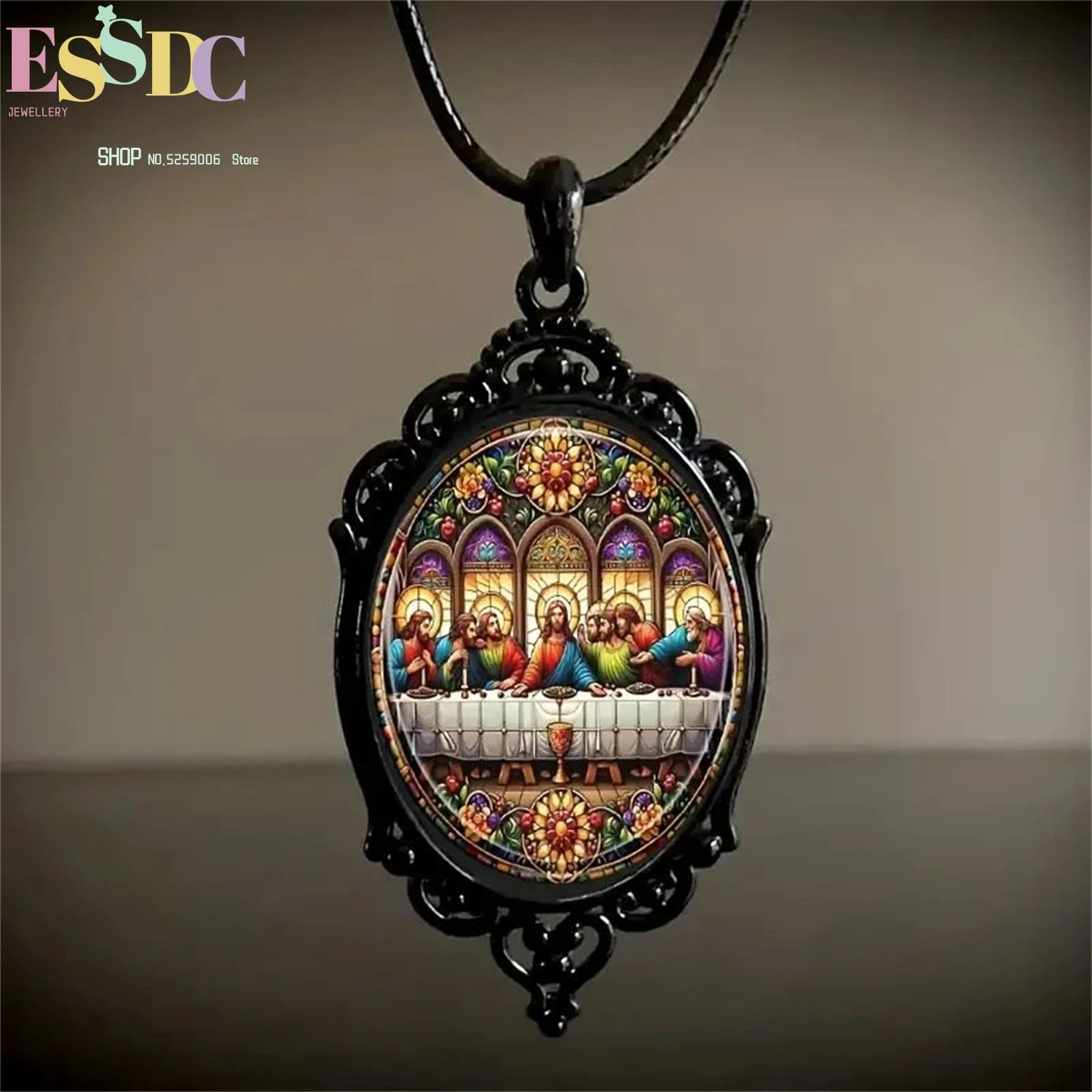 

Biblical Scene Cross Black Frame Glass Necklace Set Religious Art Romantic Gift Jewelry Wholesale