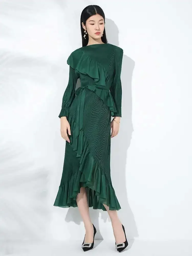 

Miyake Style High End Ruffles Pleated Dress for Women Long Sleeves Belt Gathered Waist Ladies Party Dresses 2025 Spring New