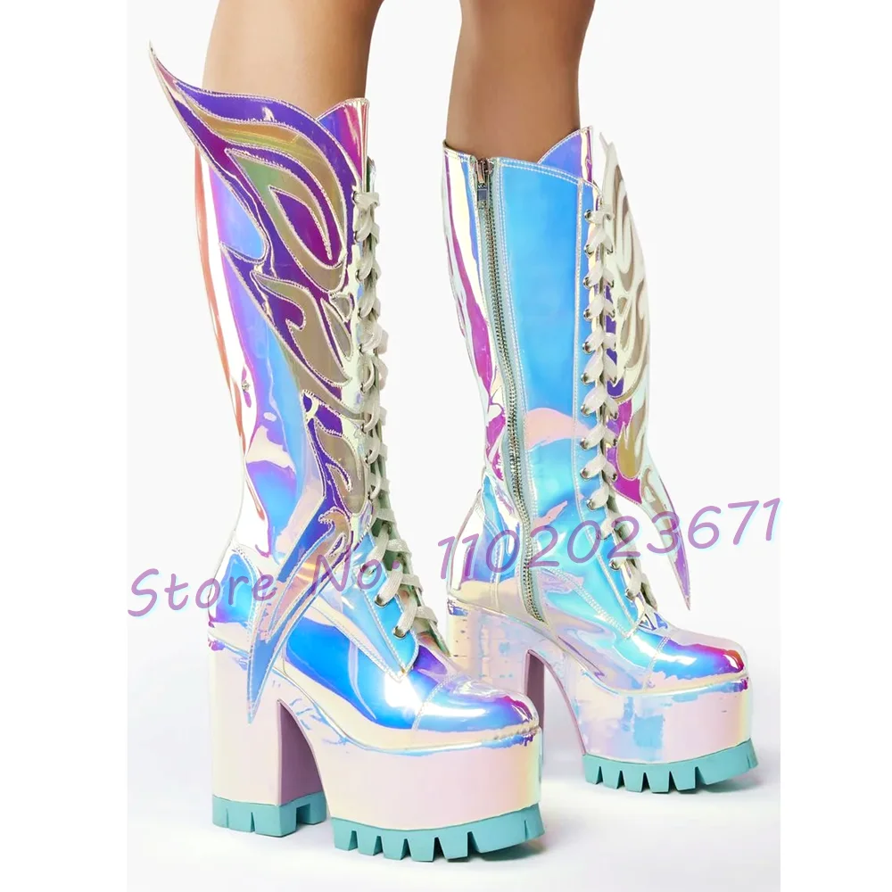 Sparkly Wings Platform High Boots Women New In Gorgeous High Block Heels Shoes Women Symphony Silver Stage Party Knee High Boots