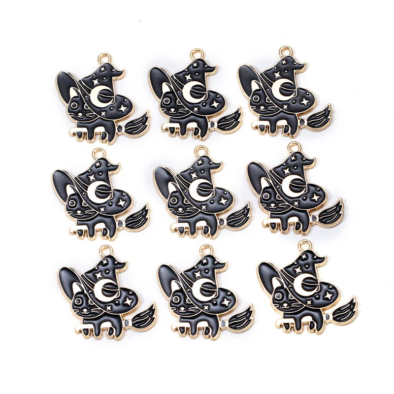 10pcs New Halloween Cat Enamel Charms Magic Animal Funny Pendants For Making DIY Handmade Findings Accessories Necklace Jewelry