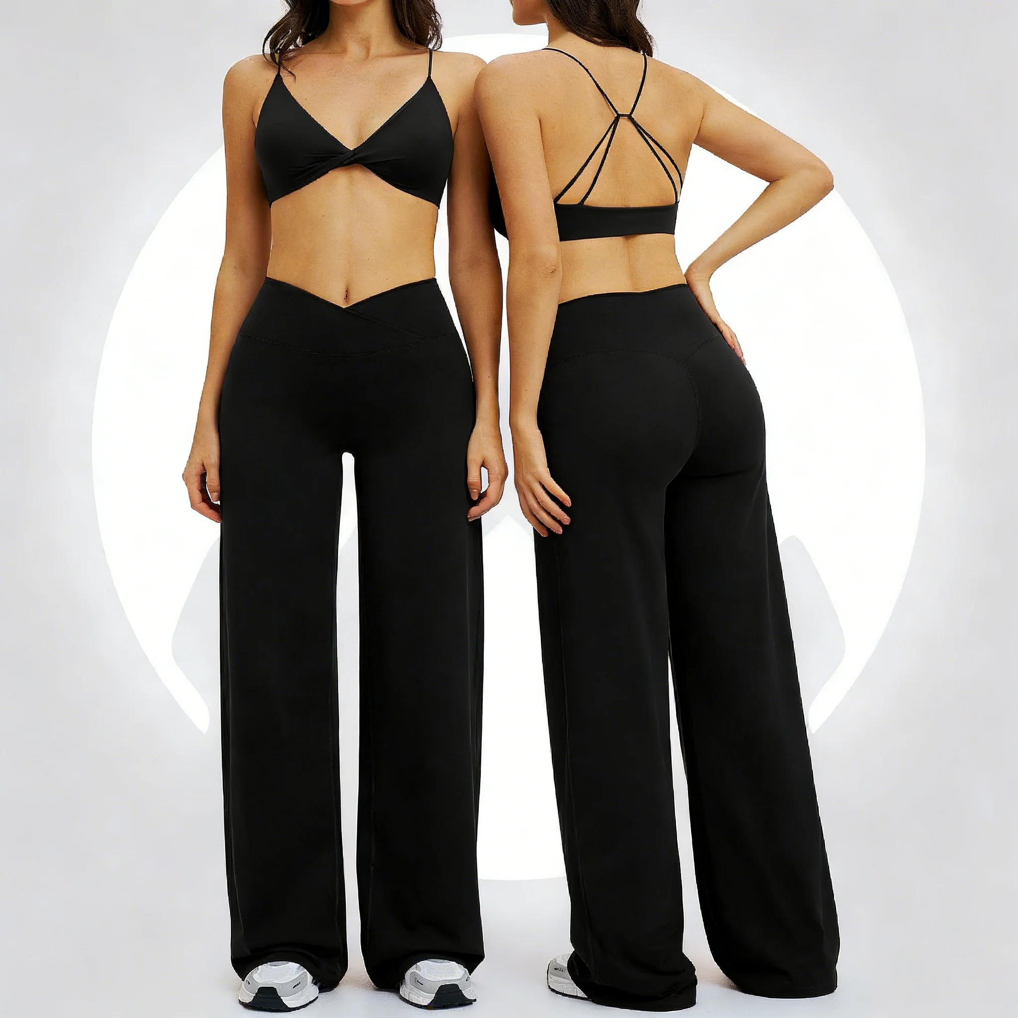 

Yoga Set - Backless Bra + Cross Waist Wide Leg Pants Fitness Suit, Jogging Tracksuit Active Wear Workout Loungewear Sports Gym