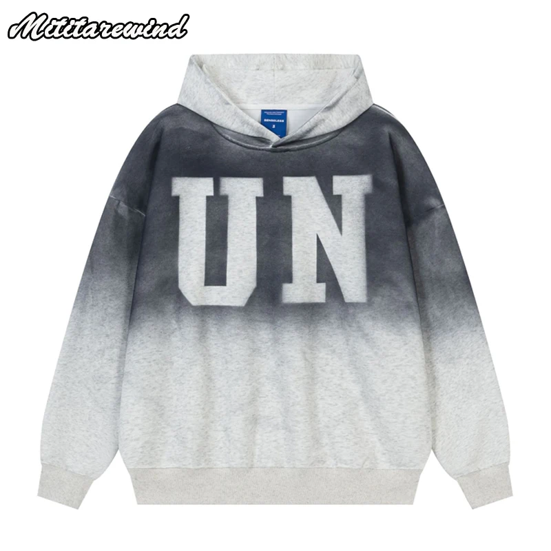 Autumn Winter Oversized Hoodies Men Hip Hop Streetwear High Street Distressed Hooded Sweatshirt Women Gradient Color Hoodie