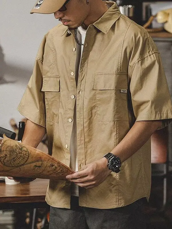 American Style Heavyweight Short Sleeve Shirt Men Loose Large Size Outerwear Double Pocket Casual Workwear Shirt Summer Trend...
