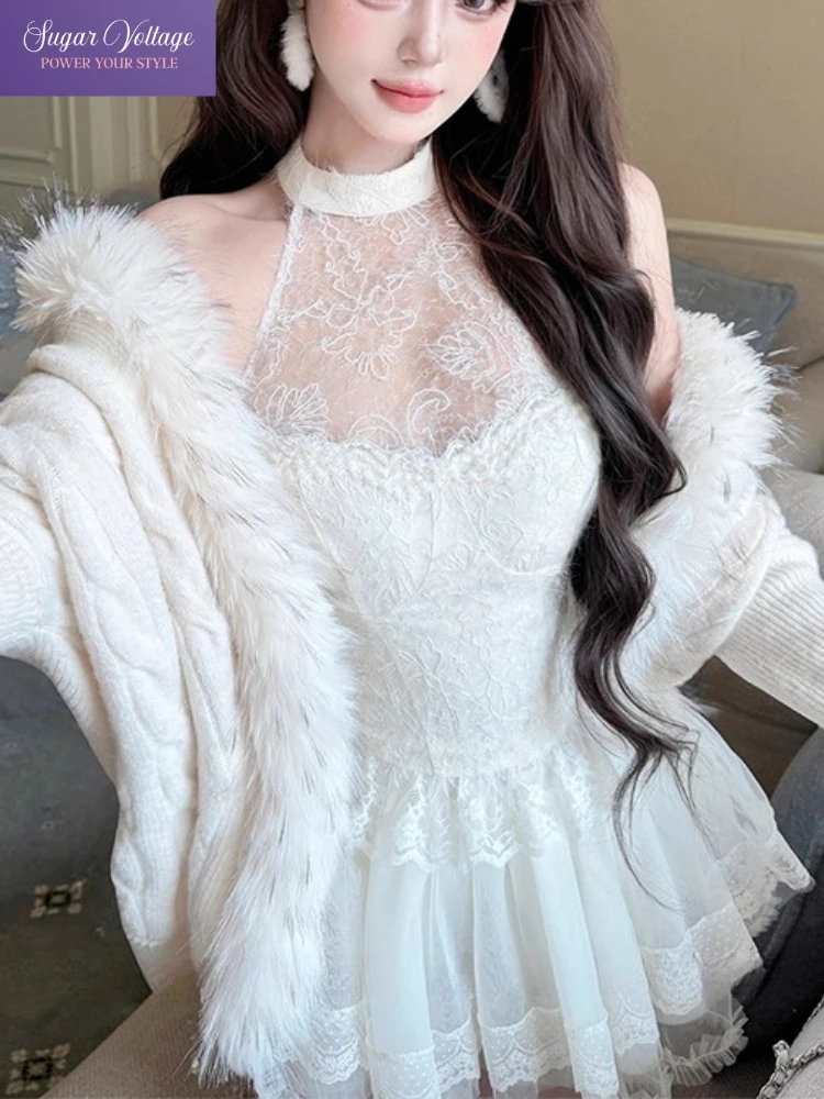 

Французская мода Роскошный сладкий комплект из 2 предметов Женский облегающий топ с кружевной отделкой и бретелькой на шее + сетчатая мини-юбка с высокой талией Шикарный наряд для вечеринки