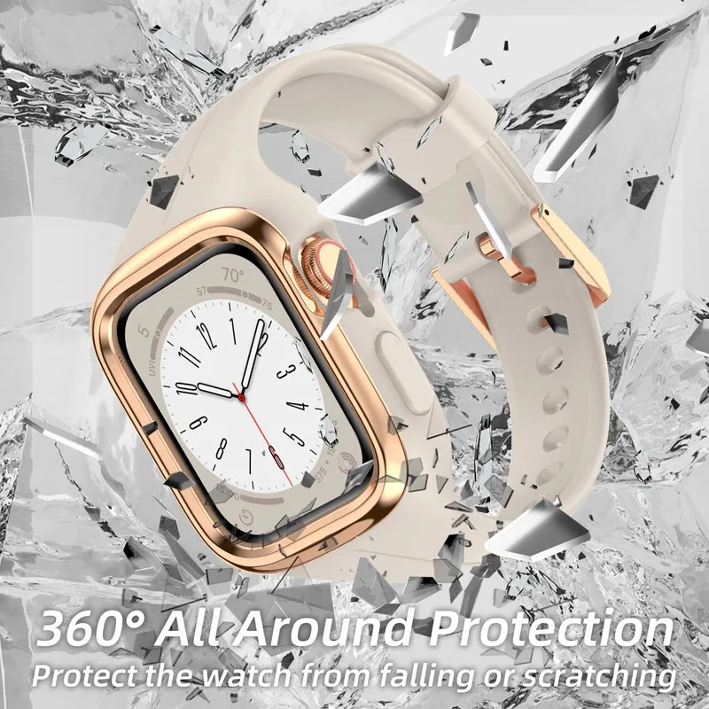 

Силиконовый ремешок для Apple Watch 9 8 7 Band 38 мм 40 мм 41 мм Спортивный браслет Защитный чехол-бампер Металлические рамки iWatch 9 8 7 Band