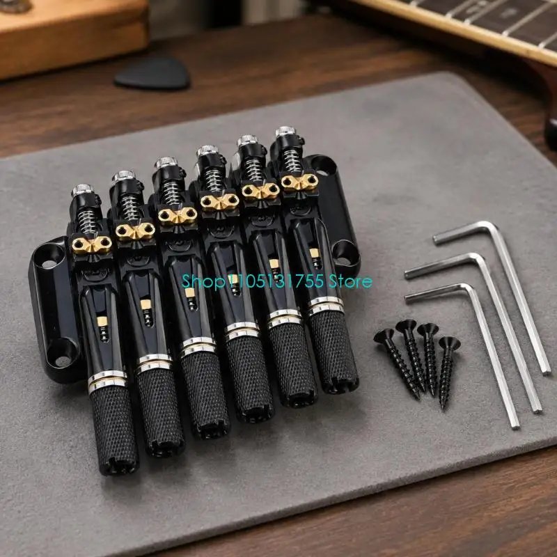 K0EF Six-Position Guitar Bridge Assembly for a Corresponding Headless Guitar, with Black Finish and Brass-Tone and Silver-Tone