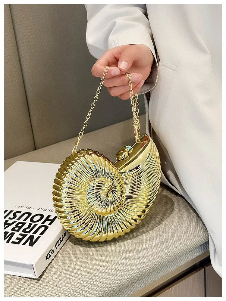 Einfache Conch Abendessen Tasche frauen Schulter Messenger Umhängetasche Spaß Persönlichkeit Metall Kette Kupplung Acryl Shell Telefon Taschen Heißer – Detail 20