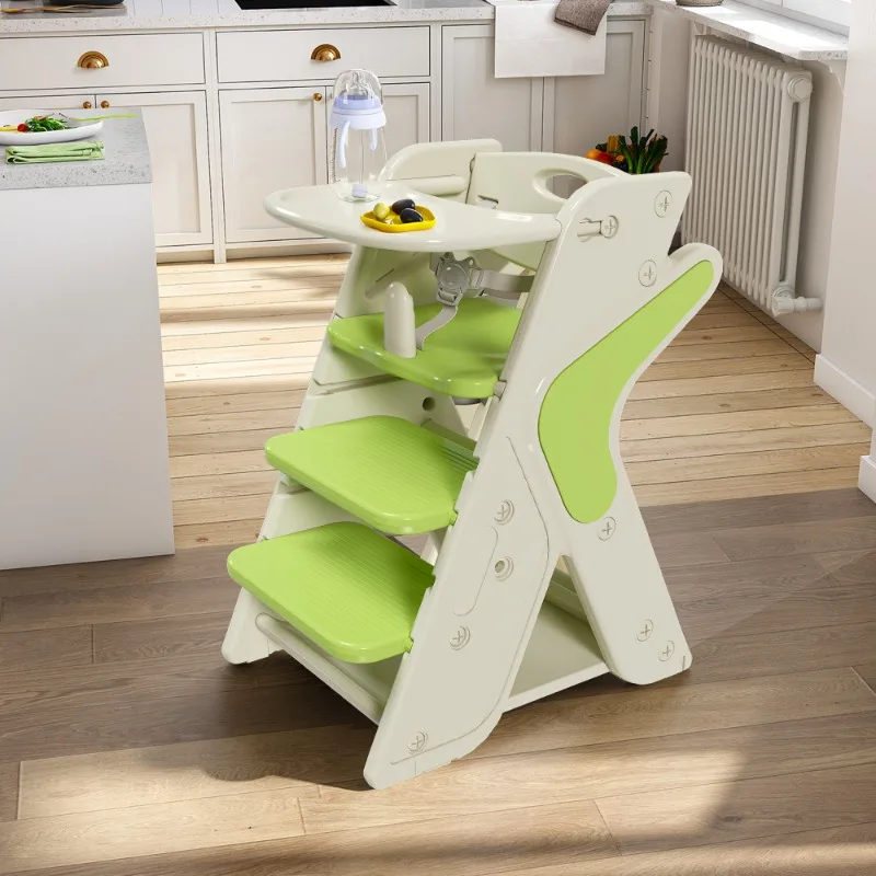 

Green multifunctional growth high chair, adjustable height suitable for children's dining and baby feeding furniture