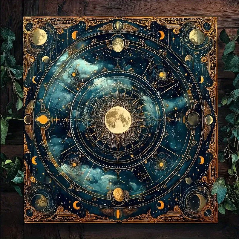 Mystical Moon & Stars Tarot Altar Cloth Celestial Zodiac Design Polyester Tablecloth for Divination Tarot Readings Home Decor