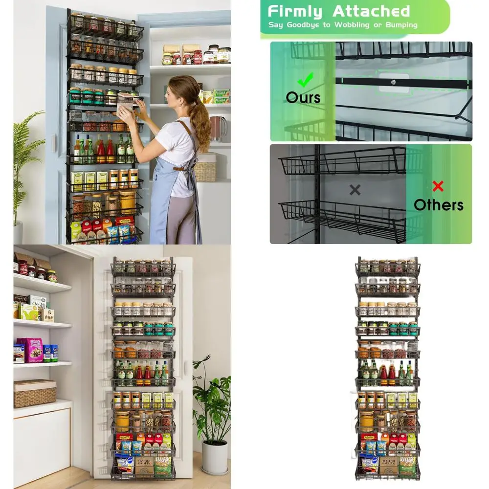 

10-Tier Door-Mounted Pantry Organizer, Adjustable Metal Baskets, Wall Spice Rack, Kitchen Storage Solution