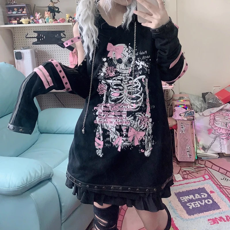 Subculture Skull Printed Rivet Hoodies Gothic Y2k Sweet Off-Shoulder Long-sleeved Sweatshirt Oversize Loose Cosplay Pullover