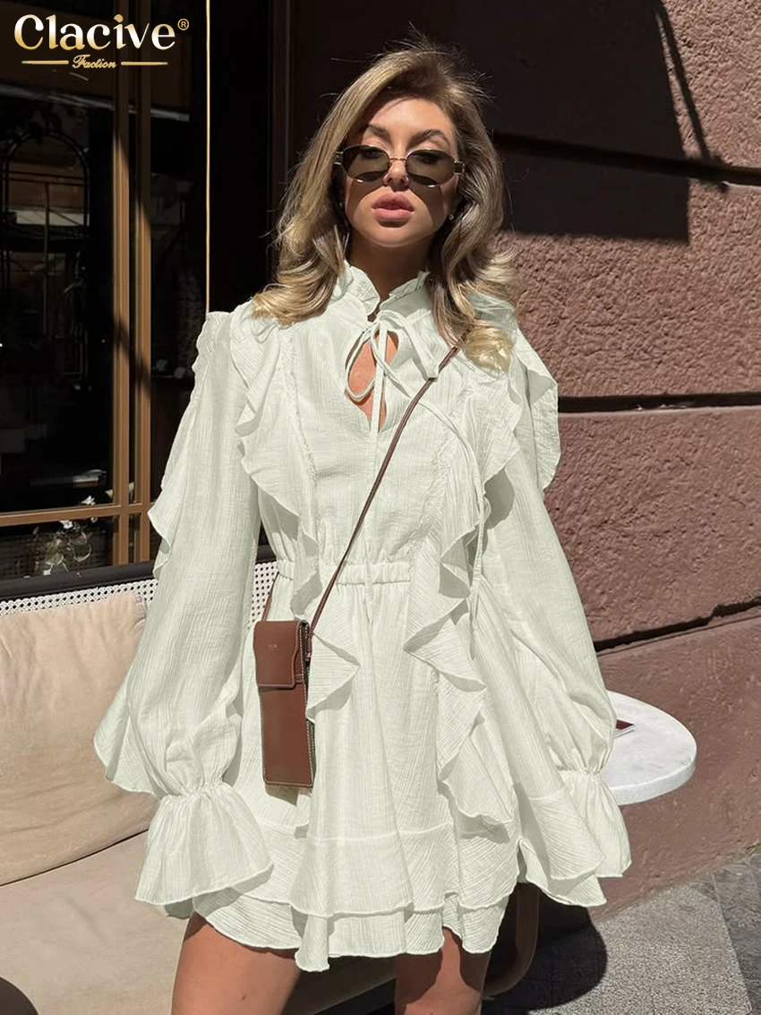 

Clacive Fashion Loose Beige Women's Dress 2025 Casual Stand Collar Long Sleeve Mini Dresses Elegant Classic Ruffle Female Dress