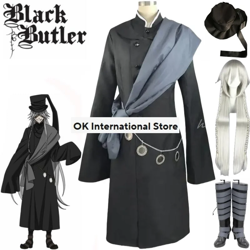 Black Butler Kuroshitsuji Undertaker Cosplay Costume Halloween Party Costumes Custom Made Full Set Hat Chain and Wig