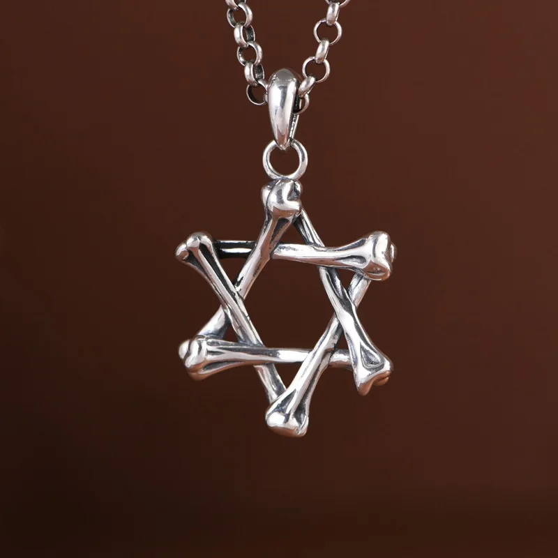 

S925 Серебряный кулон с шестиконечной звездой, ожерелье, мужские модные украшения, трансграничный кулон в стиле панк Sle Bone, бренд World Wind