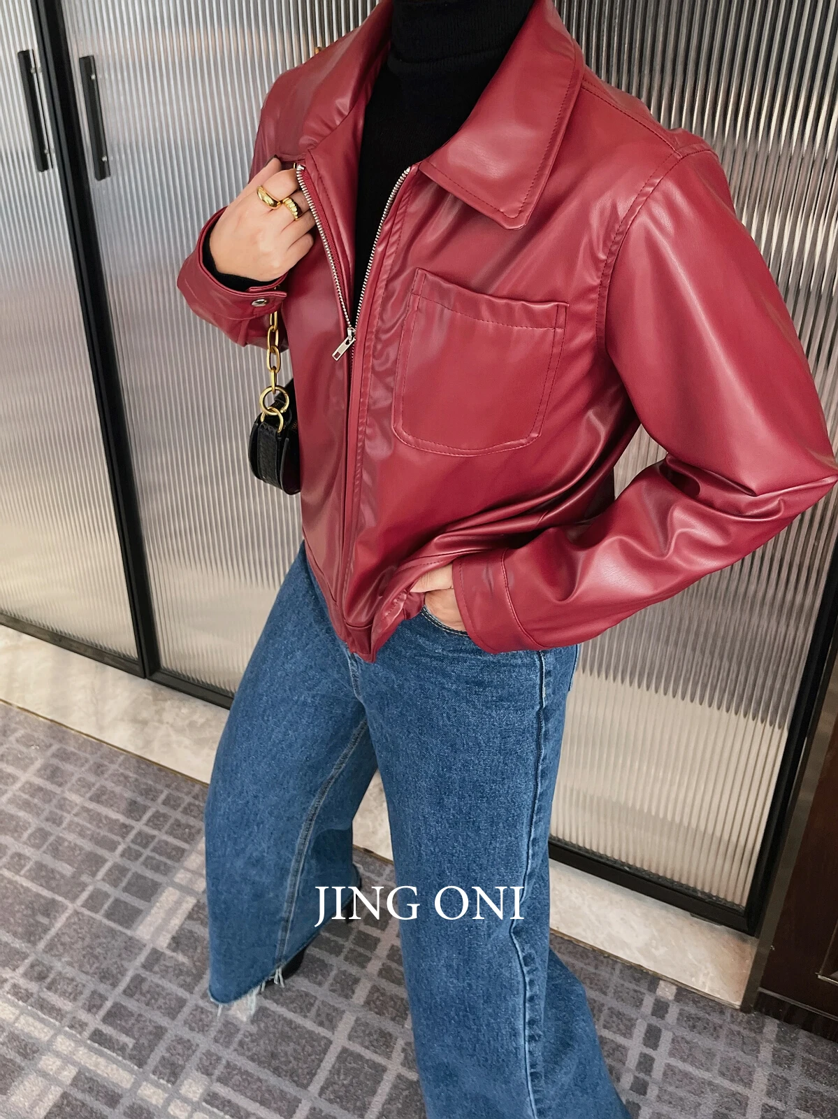 Red Faux Leather Jacket Woman Clothing Y2k Korean Fashion Style Vintage Luxury Cropped Coat Top New Elegant Blazer Outerwear