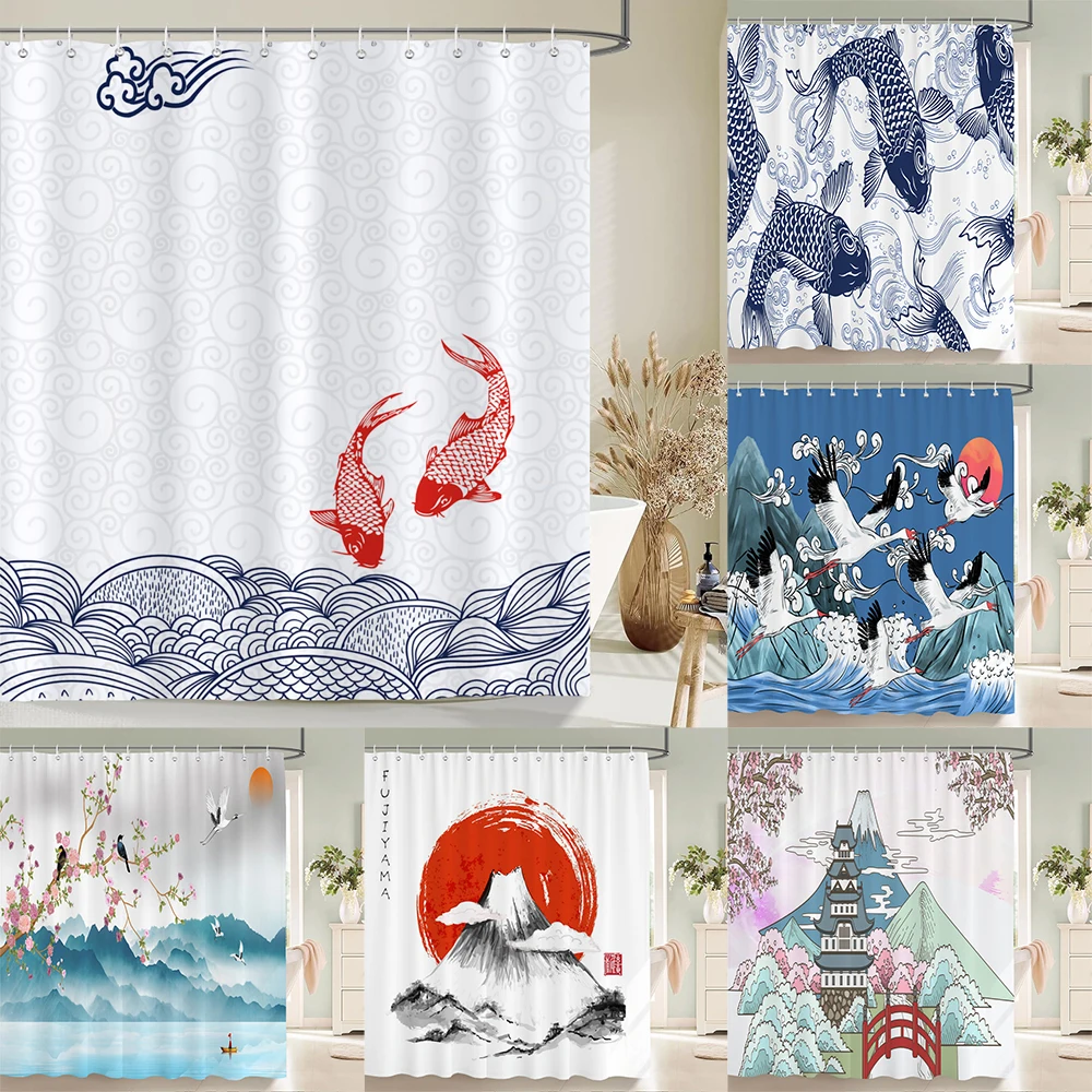 

Waterproof Polyester Fabric Shower Curtains Japanese-style Printing Bathroom Curtains for Home decoration curtain