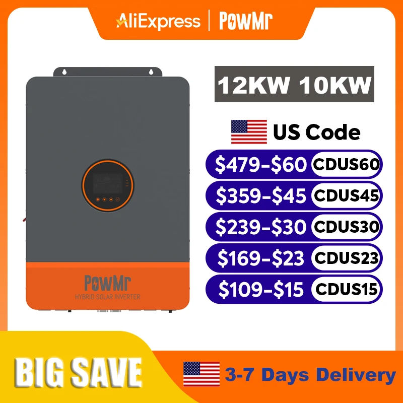 Inversor Solar Híbrido PowMr de 12KW/10KW, Bifásico, 48V, 110V o 220V, con Salida Dual MPPT, Fuera de Red, con Cargador MPPT de 200A