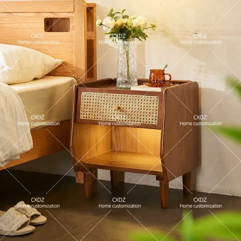 Nordic Solid Wood Rattan Bedside Table Small Apartment Sofa Side Cabinet Simple Edge Corner Storage Locker New Model