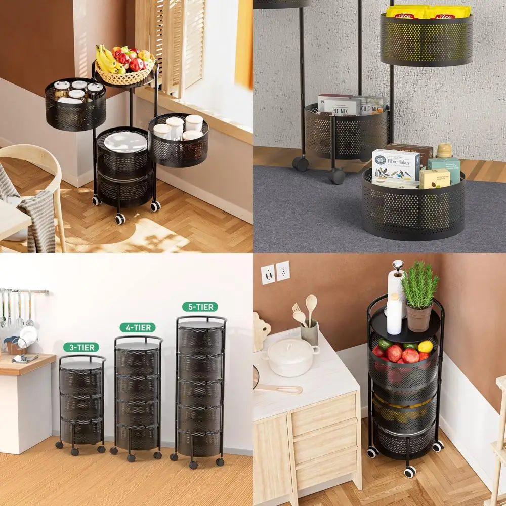 

4-х уровневая металлическая тележка для хранения со съемной корзиной для кухонных фруктов, овощей и продуктов (черная)