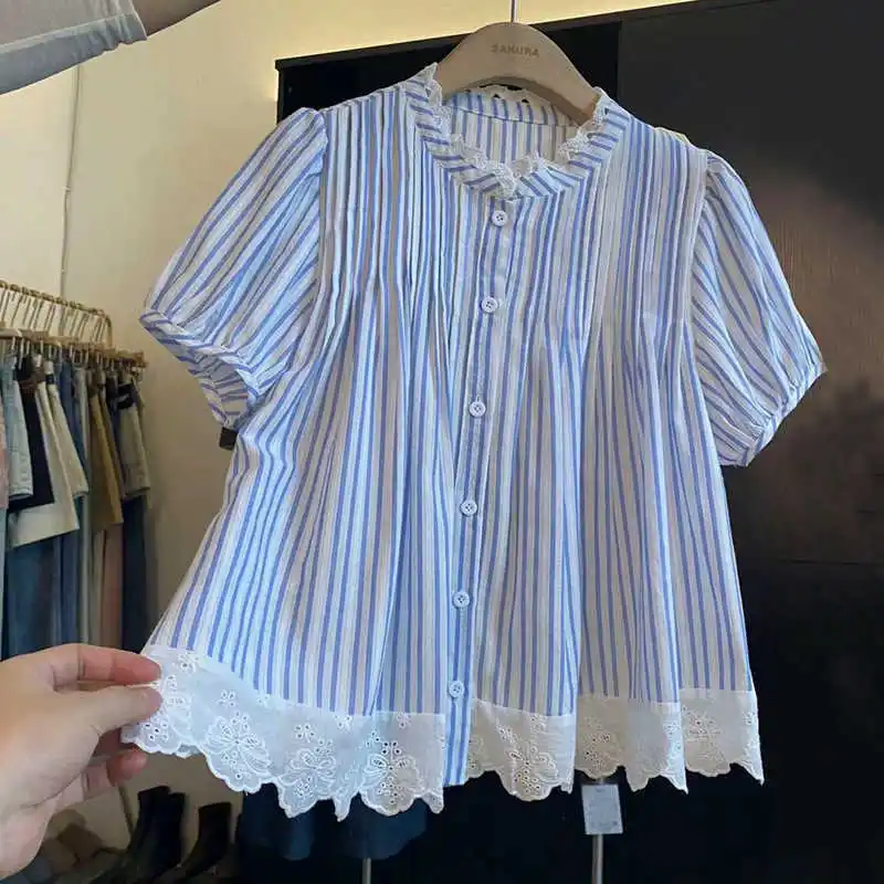 

Large Size 300 Pounds Pleated Lace Splice Shirt Men's Summer New Short Sleeve Doll Shirt American Style Thin Regular Length