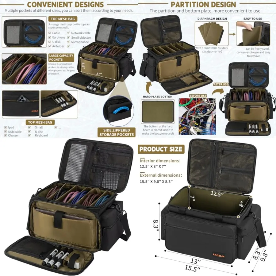 

AKOZLIN Cable File Bag with Detachable Dividers for DJ Gear, Sound Instrument Accessories