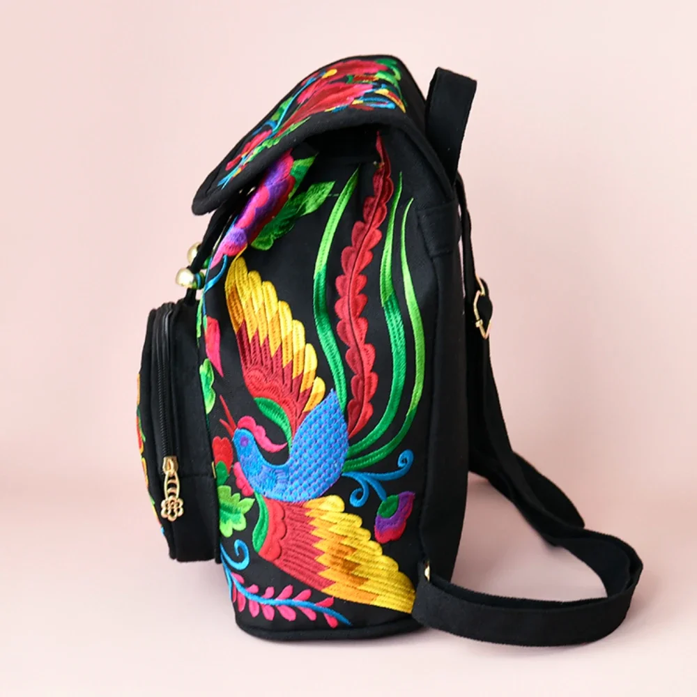 Flower Embroidery Pattern Women Backpack with Canvas Material and Drawstring Closure