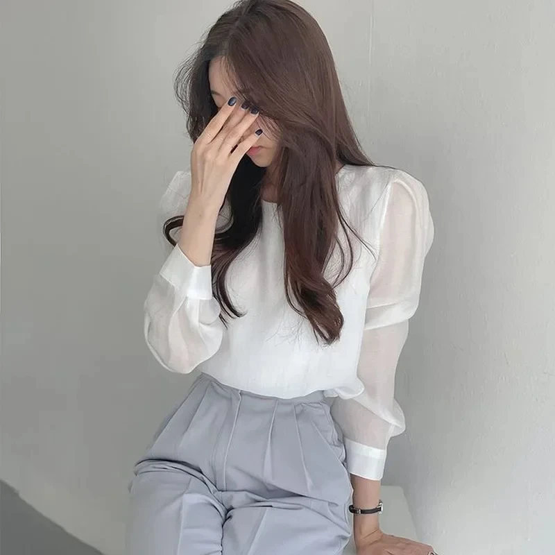 Spring Summer Fenimine Korea Chic Tops Blusas Women Fashion Long Sleeve Solid Sheer Mesh Shirt Blouses