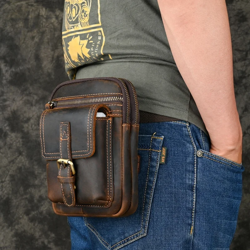 Handmade Crazy  Leather Single Shoulder Slant Crossbody Bag Vintage Waist Bag for Men Cowhide Leather Mobile Phone Bag