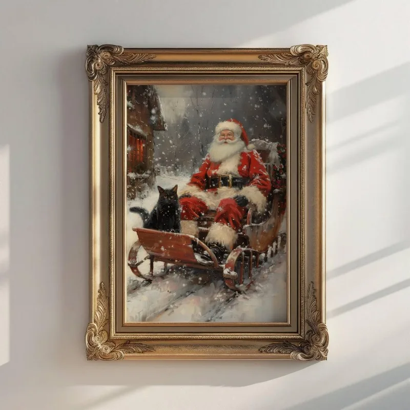 Vintage Santa Claus with Black Cat Canvas Wall Art Snowy Cabin Scene Festive Christmas Holiday Wall Print Unframed Canvas Poster
