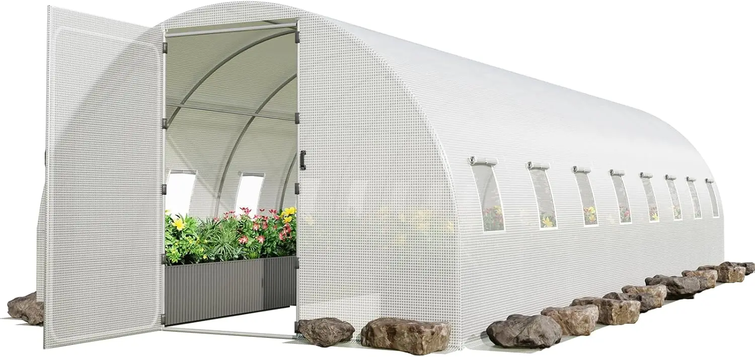 Walk-In Tunnel Greenhouse, 26X10X7 Ft Walk-In Greenhouse , Plant Hot House With 12 Roll-Up Windows&Upgraded Swing Doors, Duty