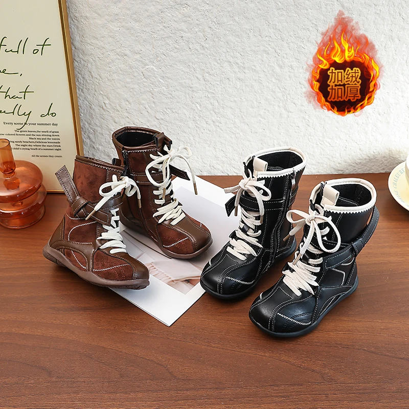 Fashion Stitching Design Children's Motorcycle Boots Autumn and Winter 2025 Girls' Fashion Joker Leisure Tube Fashion Boots