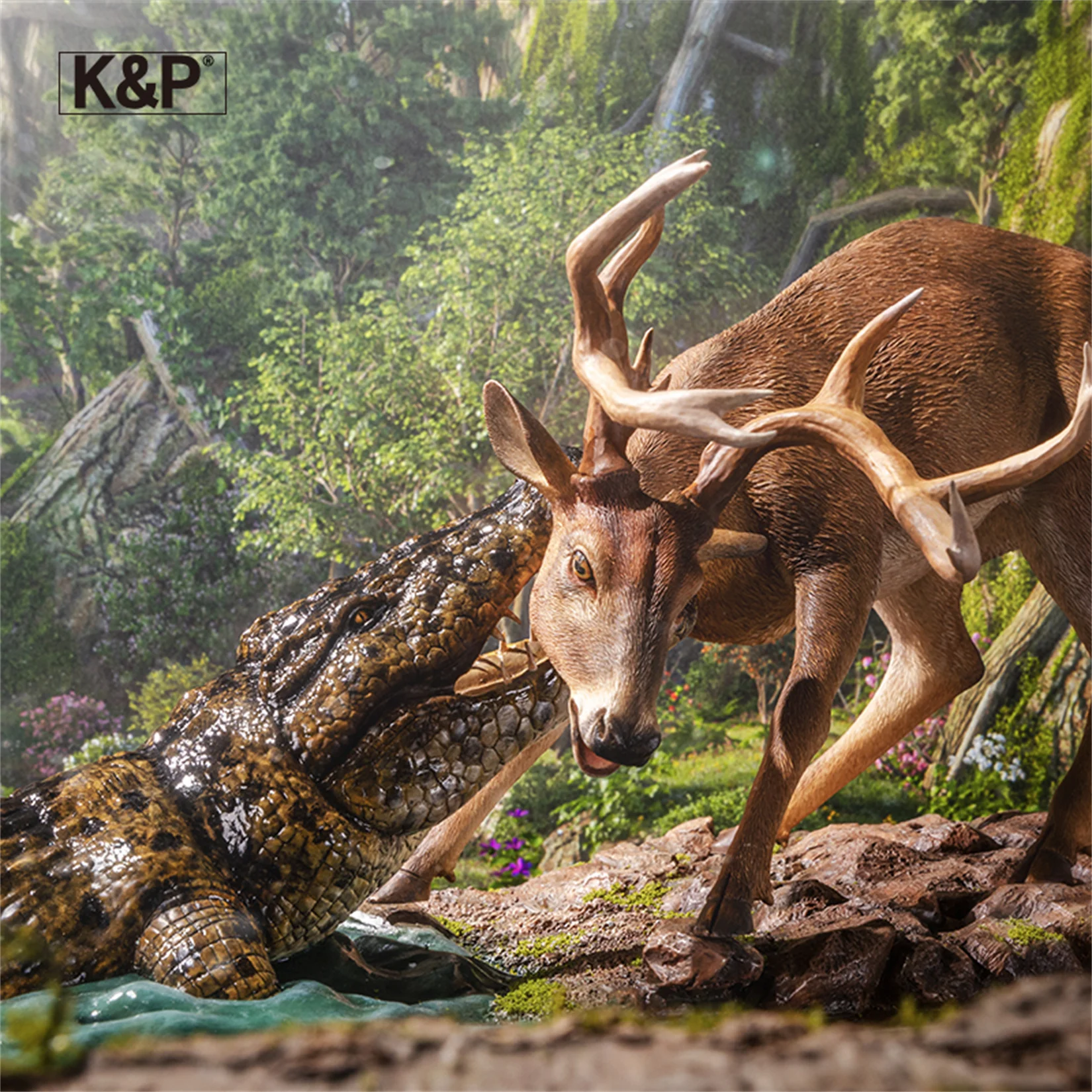 

K&P Wildlife Alligator Ambush Deer Scene Model Realistic Animal Diorama Sculpture Nature Predator Prey Diorama Decor Collection