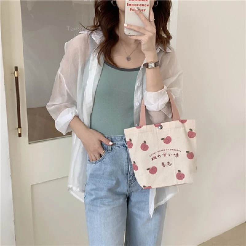 Custom Canvas Bag Peach Cute Tote Korean Ins Mini Canvas Bag Girl Snack Bento Small Bag Fixed Logo