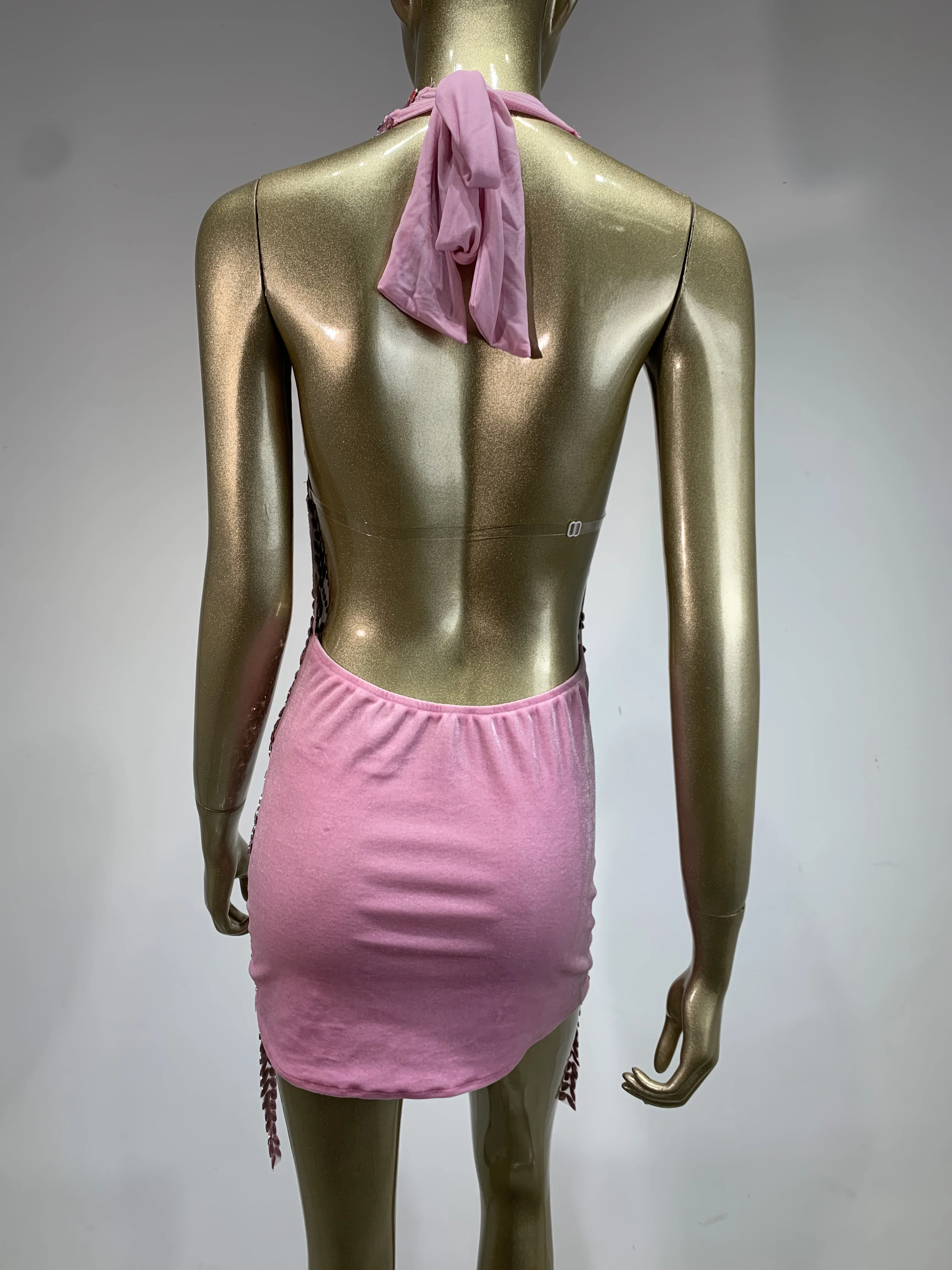 Women Sexy Backless Pink Rhinestone Mini Dress Evening Party Prom Celebrate Birthday Dresses Club Stage Performance Costume