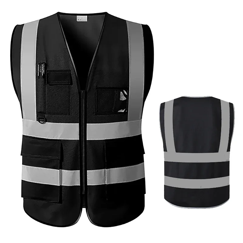 Hi Vis Vest Motorfiets Zwart Reflecterend Vest Voor Heren Veiligheidsvest Reflecterend Met Zakken Reflecterend Vest Met Ritssluiting