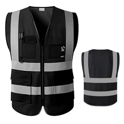 Hi Vis Vest Motorcycle Black Reflective Vest for Men Safety Vest Reflective with Pockets Reflective Vest with Zipper